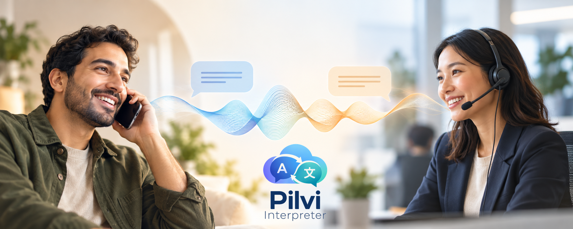 Pilvi Interpreter connects a customer on the telephone with a headset-wearing human agent, with speech waves between them and the new Interpreter logo.